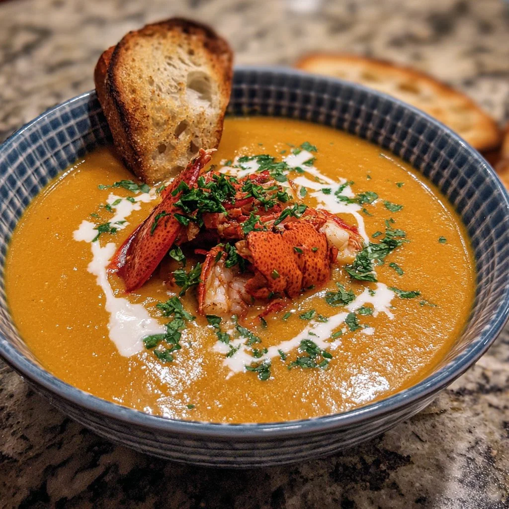 Delicious bowl of creamy lobster bisque garnished with herbs