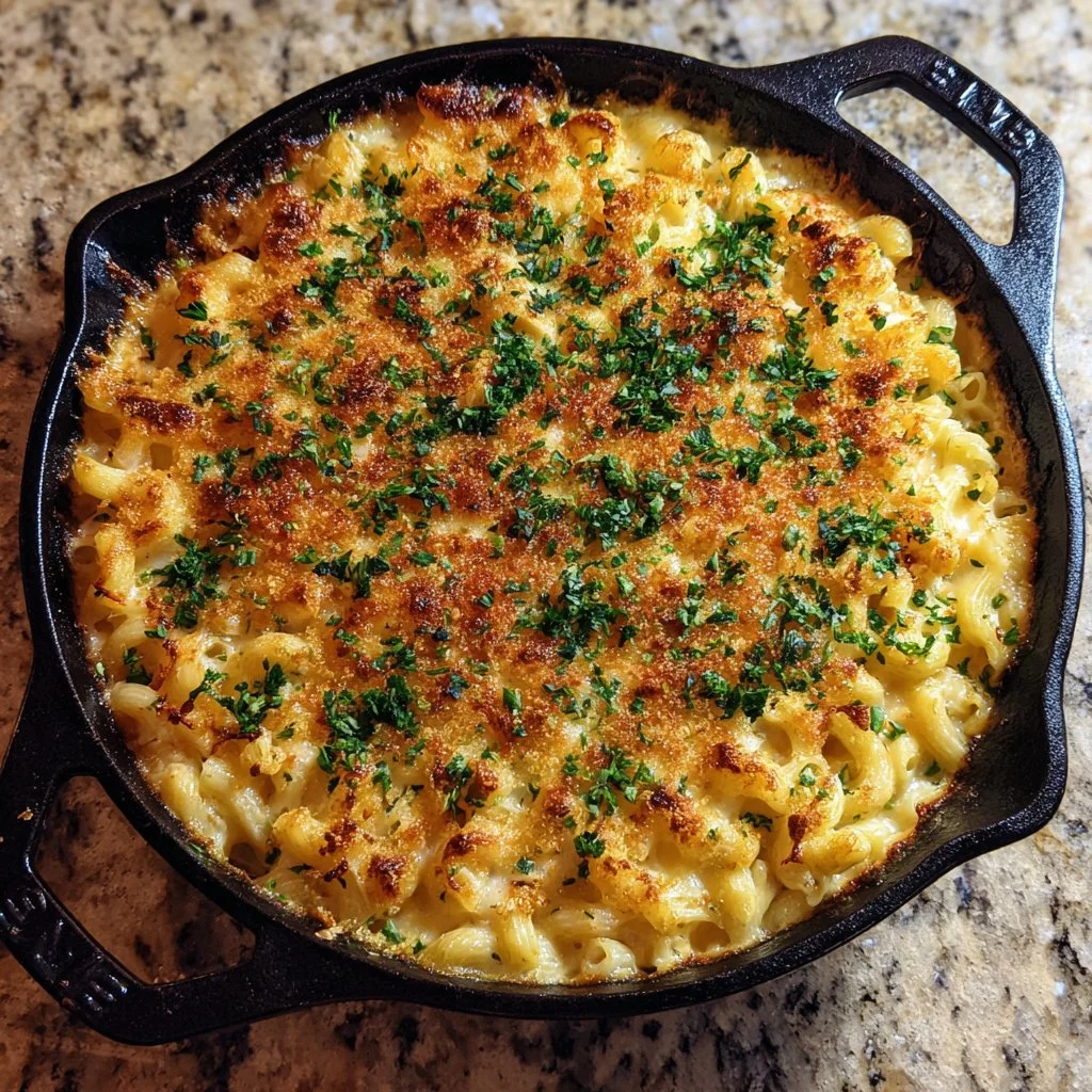 Delicious Lobster Mac and Cheese topped with breadcrumbs and herbs