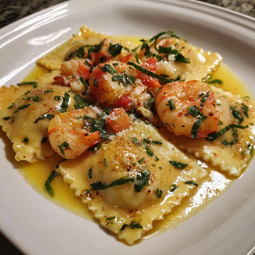 Plate of Lobster Ravioli with Lemon Butter Sauce garnished with herbs
