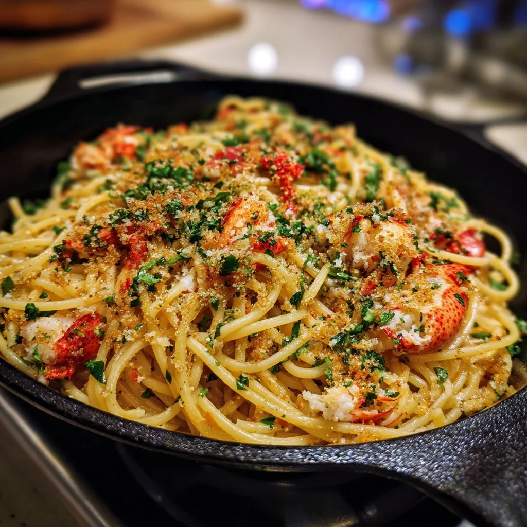 Lobster spaghetti garnished with chili breadcrumbs, served in a bowl