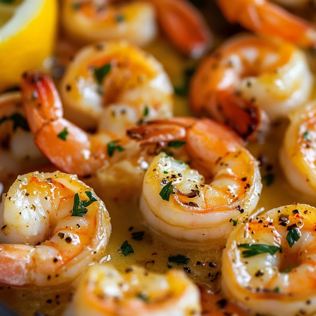 Magic baked shrimp in lemon butter sauce served on a plate