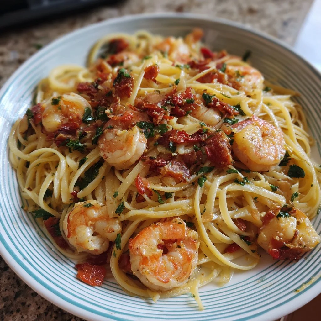 Marry Me Shrimp Pasta dish with shrimp, pasta, and creamy sauce garnished with herbs.