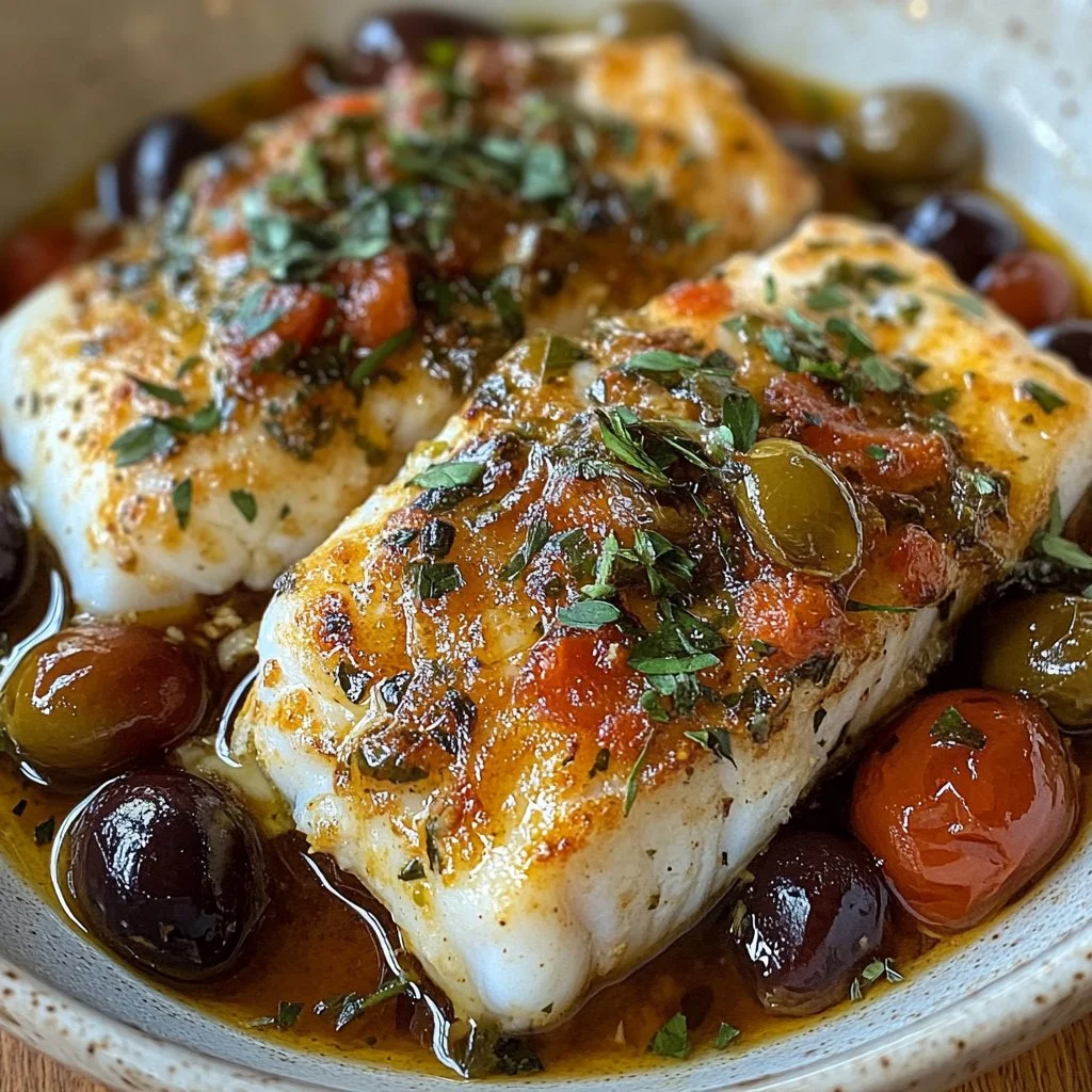 Mediterranean baked cod topped with olives and herbs on a white plate.