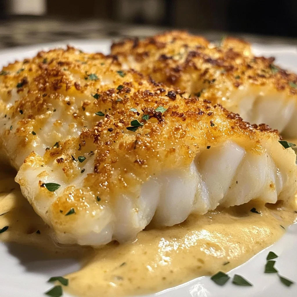 Moist baked cod fillet topped with creamy mayonnaise and herbs