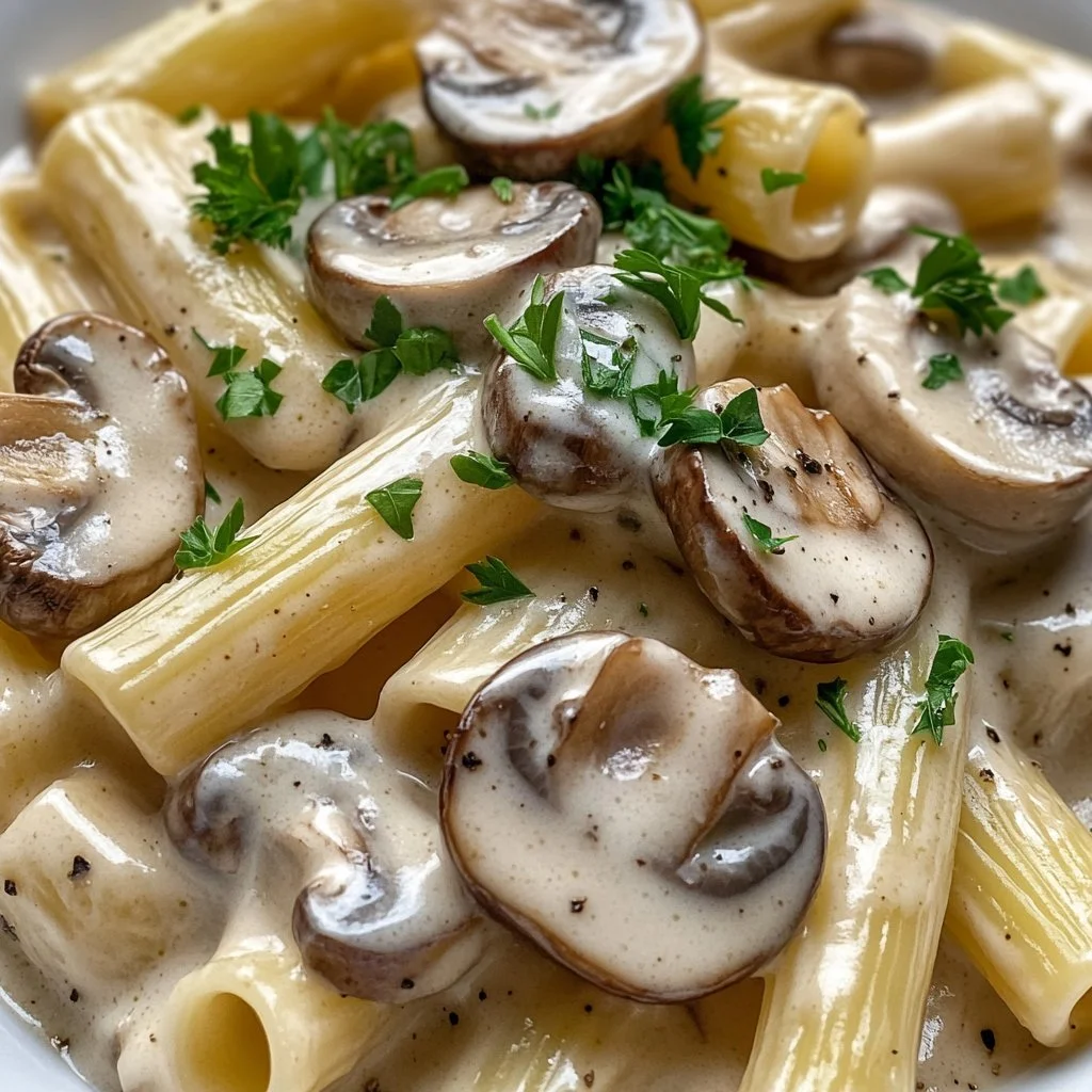 Creamy Mushroom Alfredo Pasta topped with fresh herbs and grated cheese