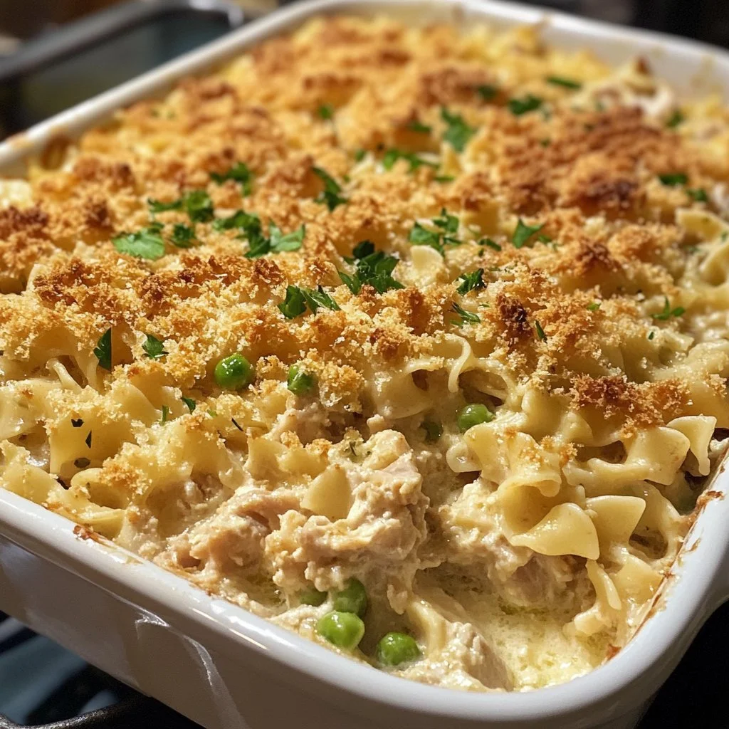 Delicious no-soup tuna noodle casserole served in a bowl
