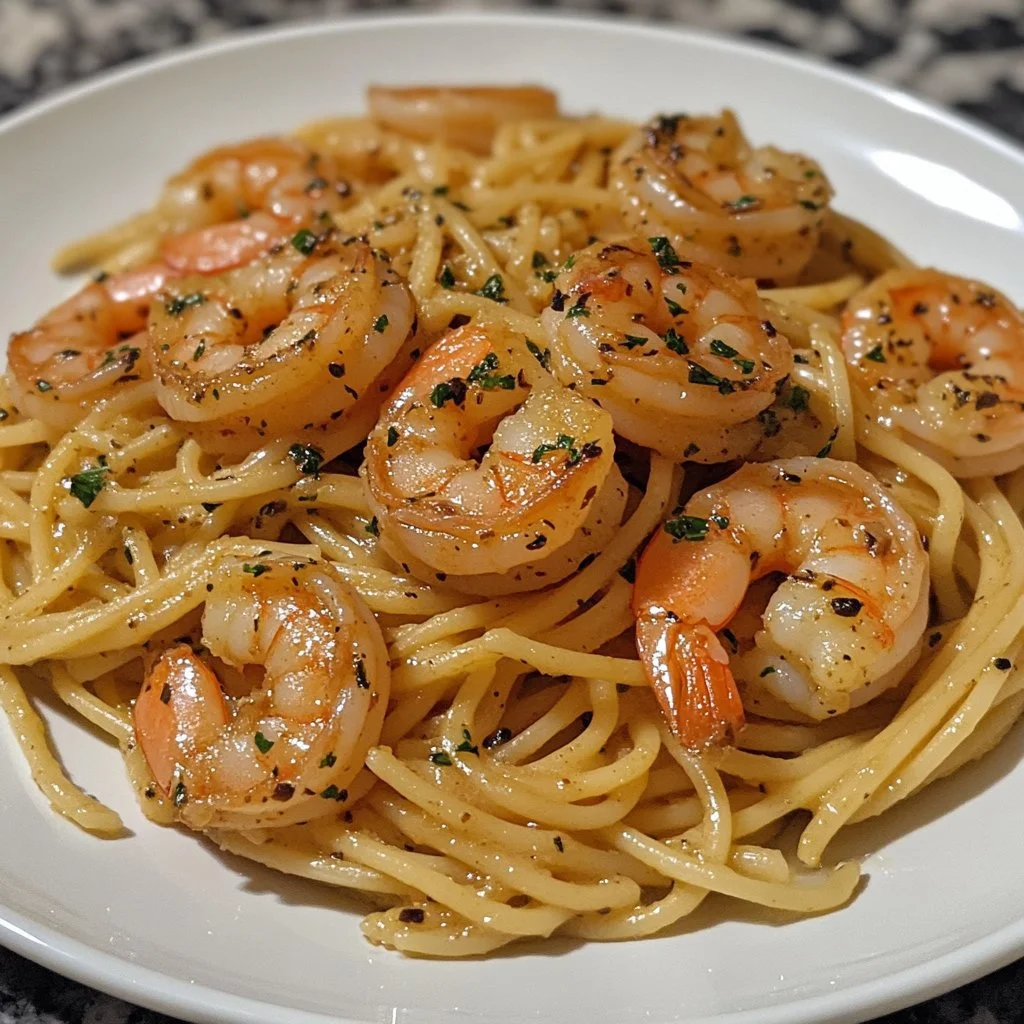 Delicious OLD BAY garlic shrimp pasta garnished with herbs