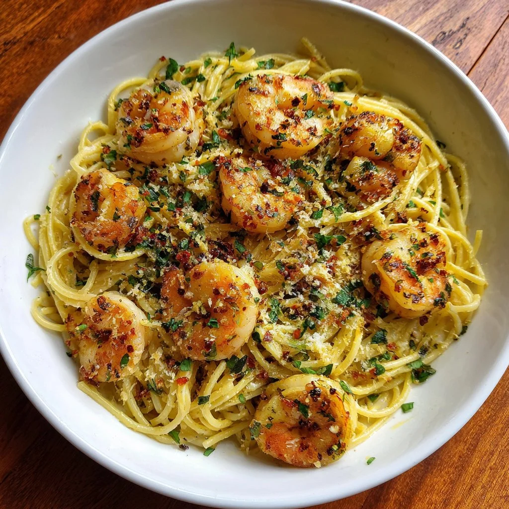 Delicious plate of Old Bay garlic shrimp pasta garnished with fresh herbs