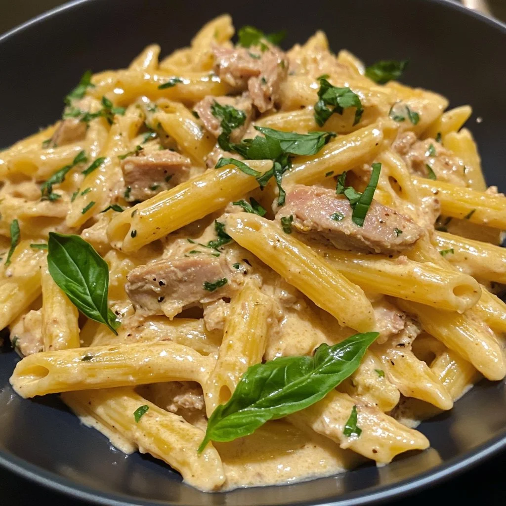 One pan creamy tuna pasta dish ready to serve, garnished with herbs.