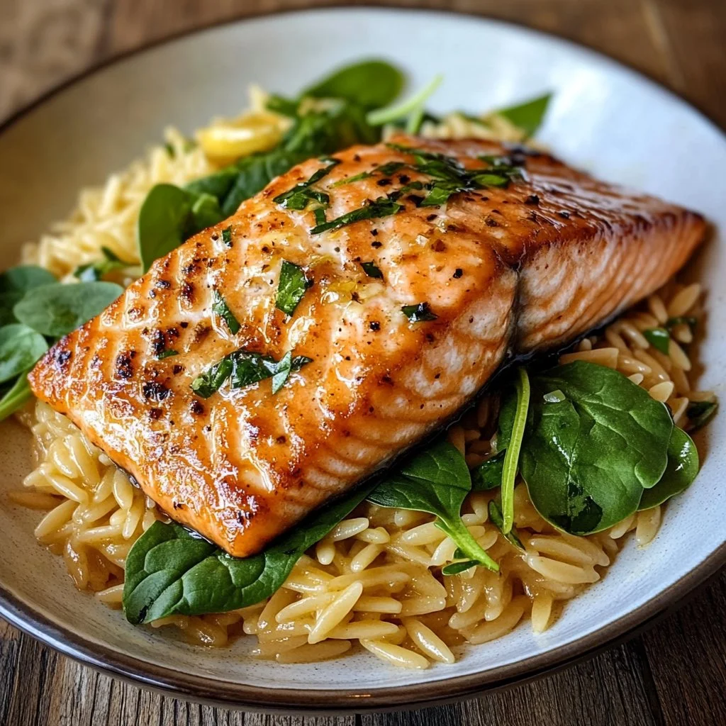Skillet salmon with lemon orzo served on a plate