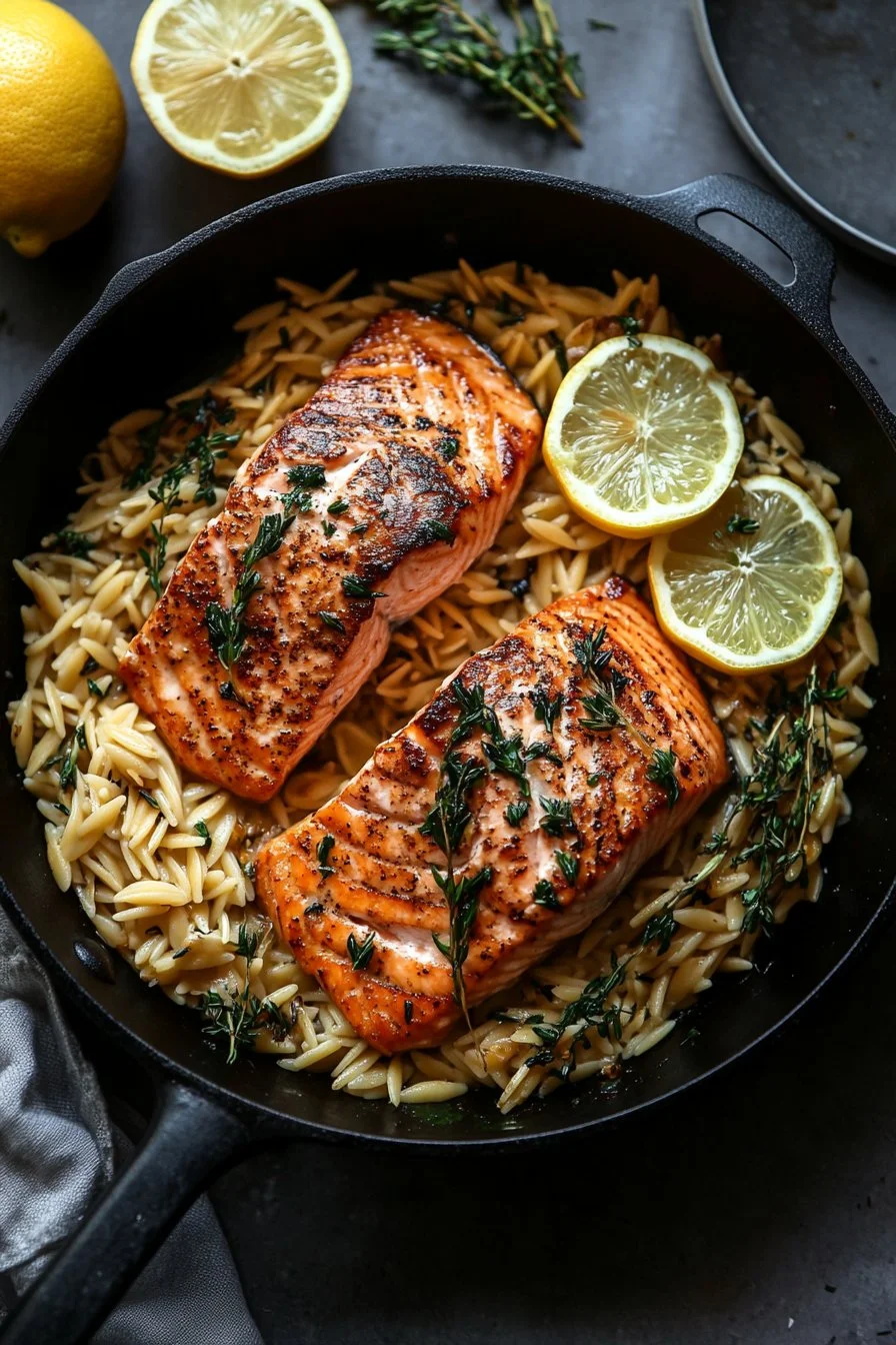 One Skillet Salmon with Lemon Orzo