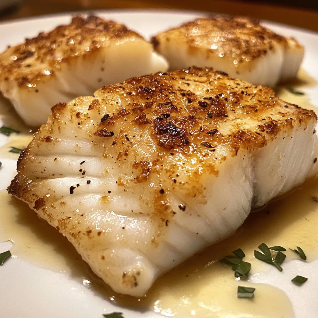 Deliciously cooked pan fried cod fish fillets served on a plate