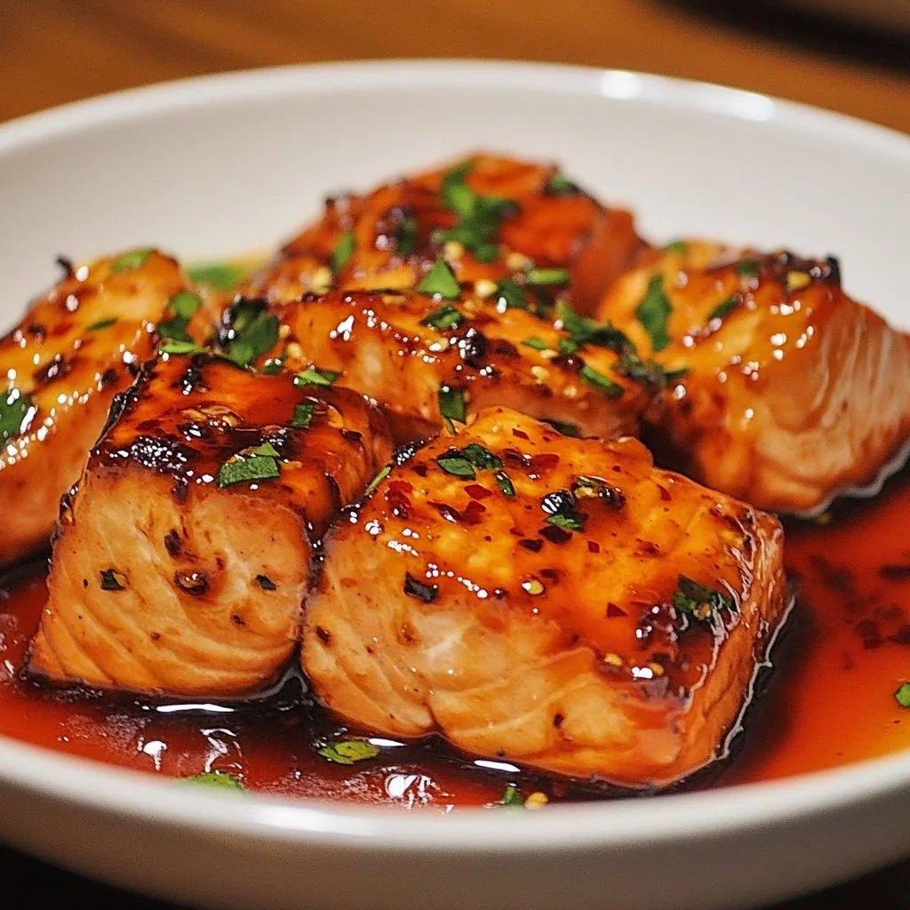 Pan-fried sweet chilli salmon served with vegetables and garnished with herbs