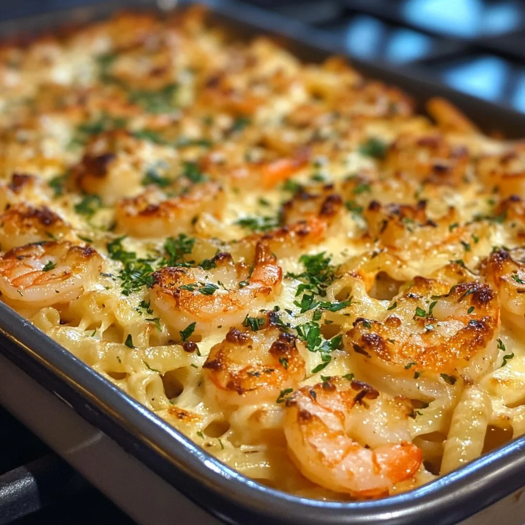 Delicious shrimp scampi pasta bake topped with herbs and cheese