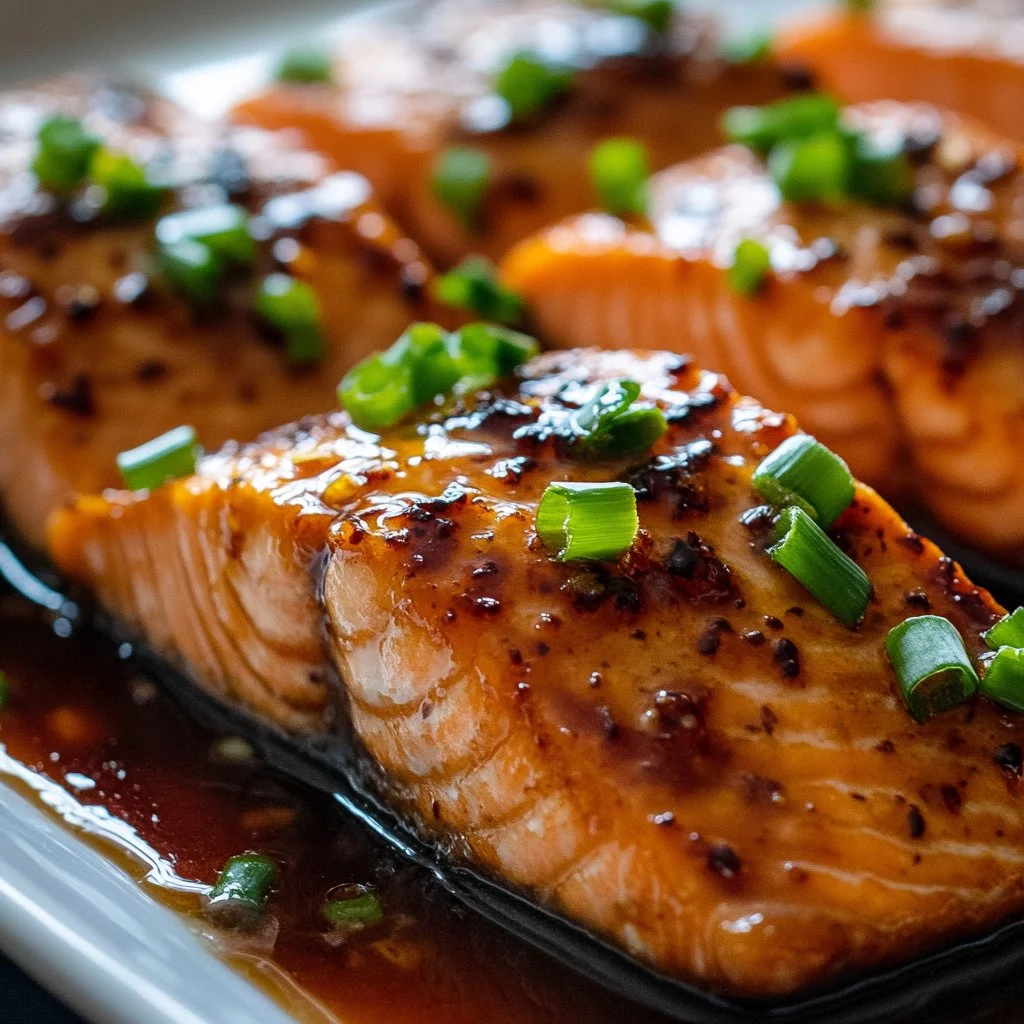 Crispy honey garlic salmon fillet garnished with herbs on a plate.