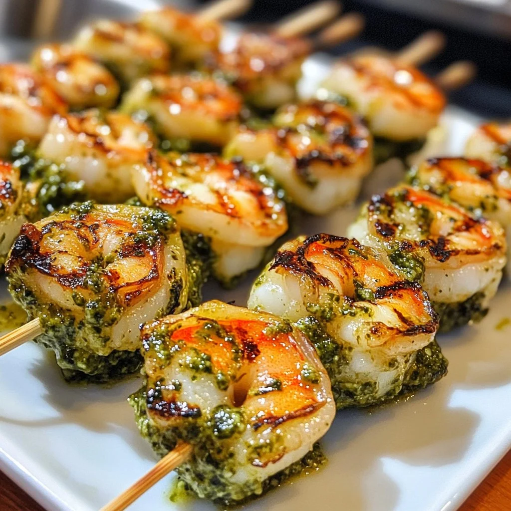Delicious pesto grilled shrimp served on a plate with fresh herbs and lemon.