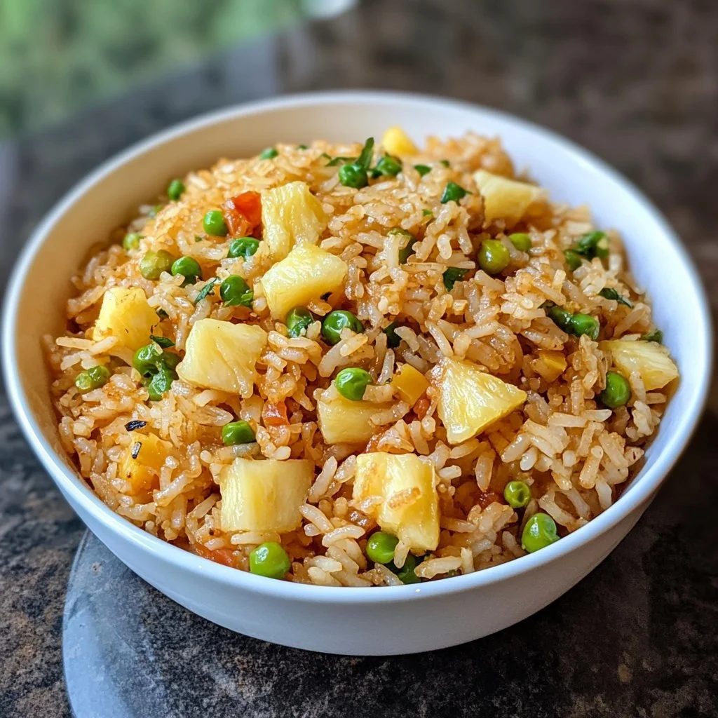 Delicious Pineapple Fried Rice served in a colorful bowl with fresh ingredients