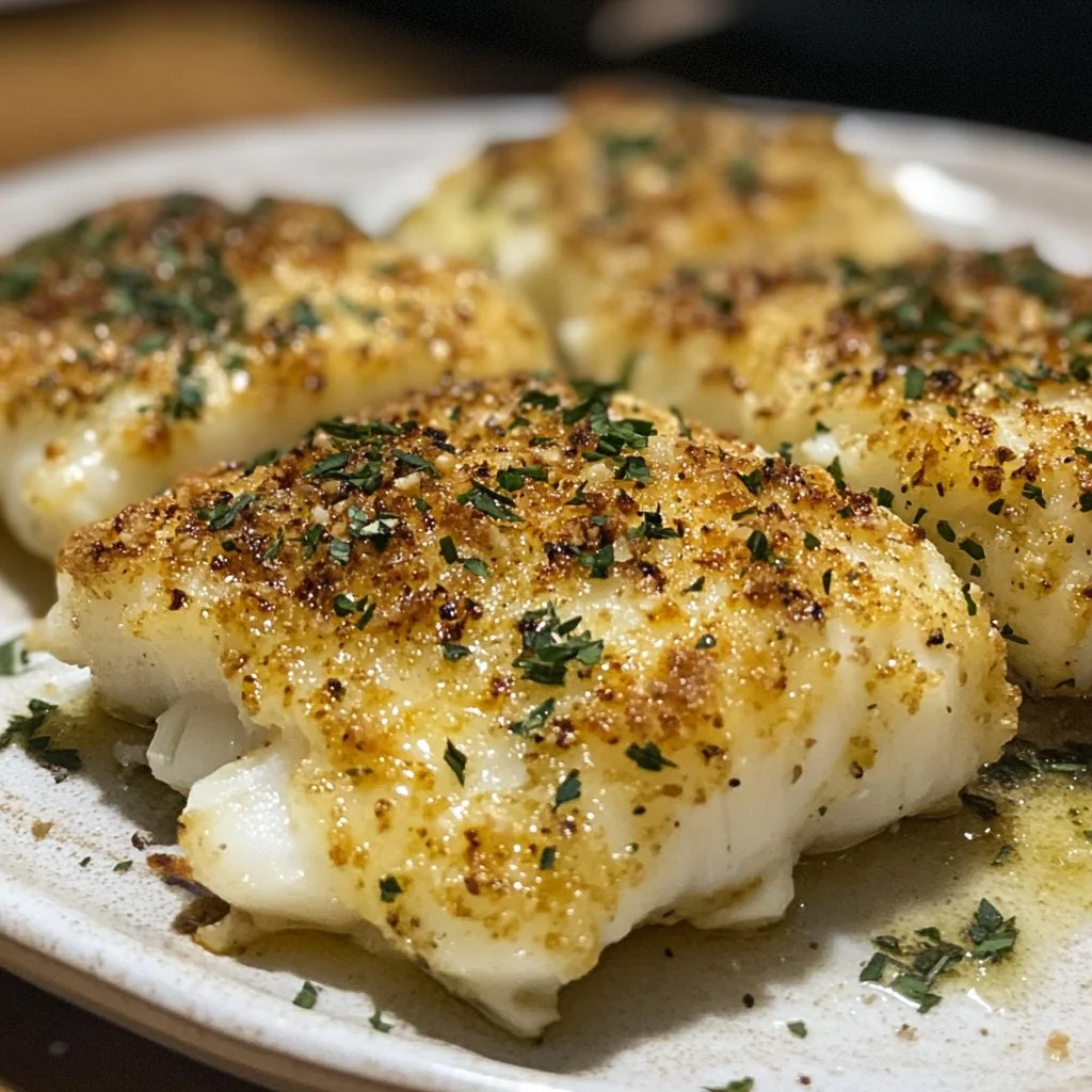 Plate of quick baked cod topped with mayo and parmesan cheese