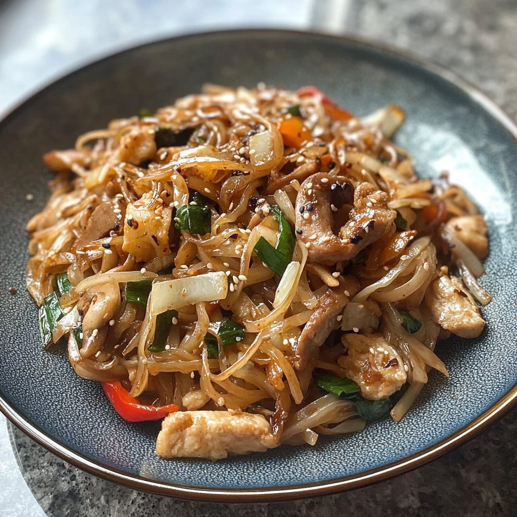 Colorful rice noodle stir-fry with vegetables and herbs in a bowl