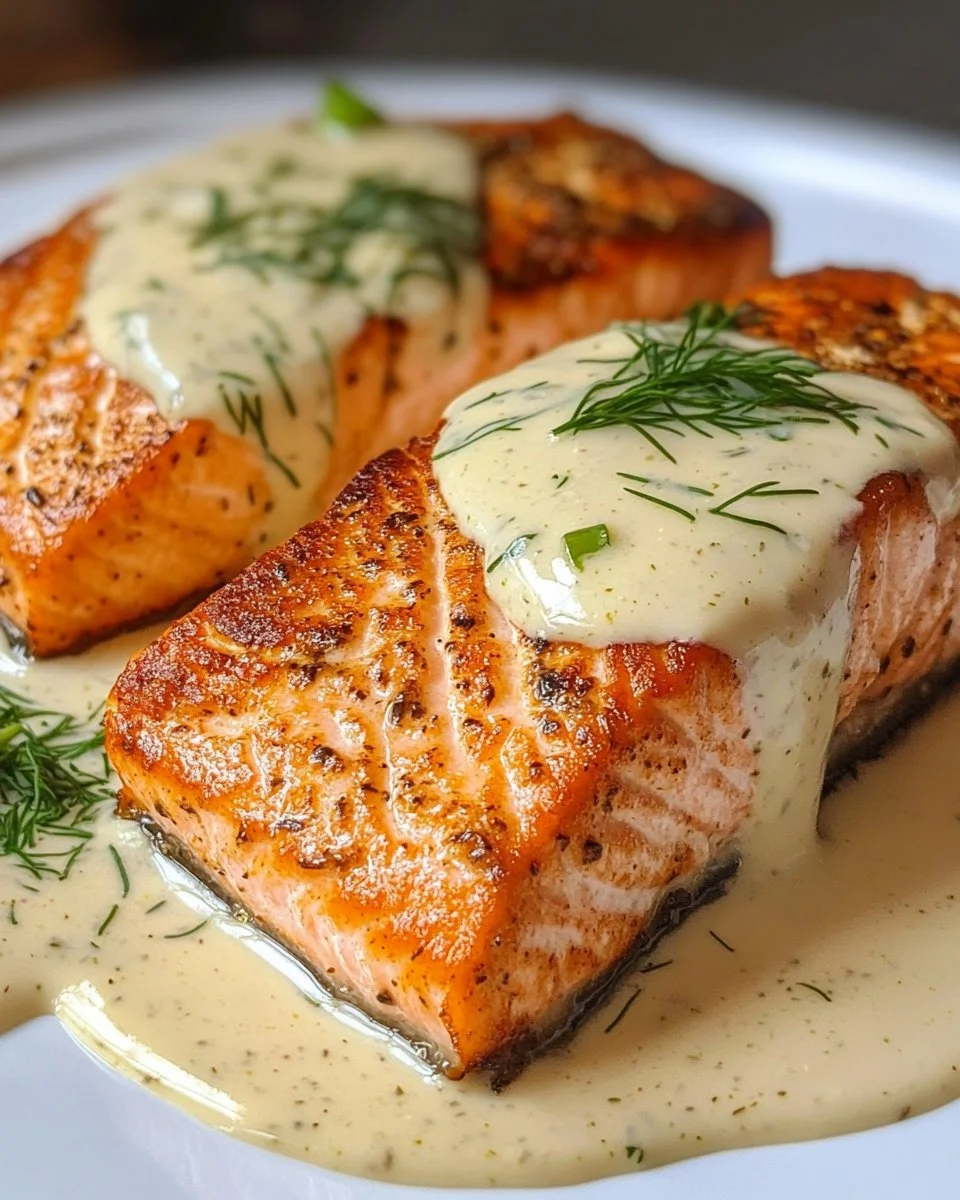 Roasted salmon fillet with creamy mustard dill sauce on a plate