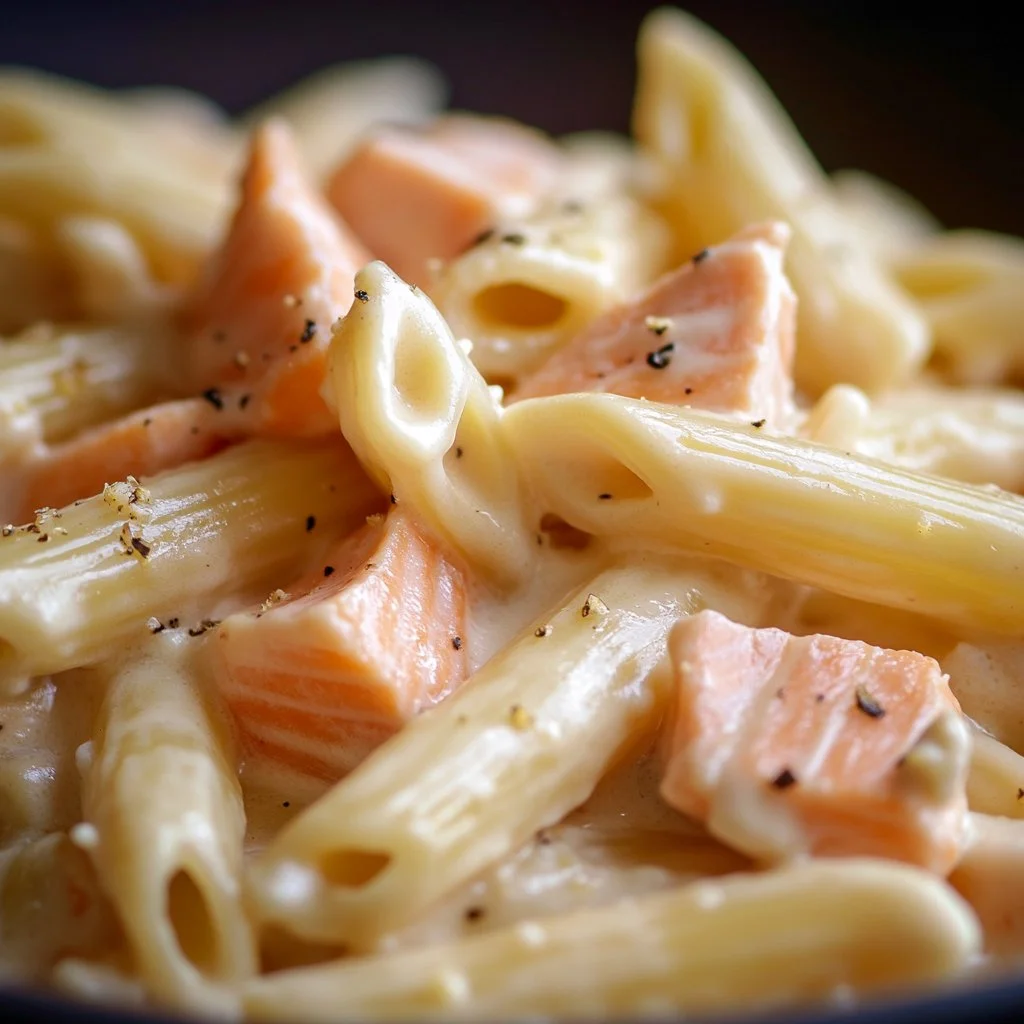 Delicious Salmon Alfredo Pasta topped with fresh herbs