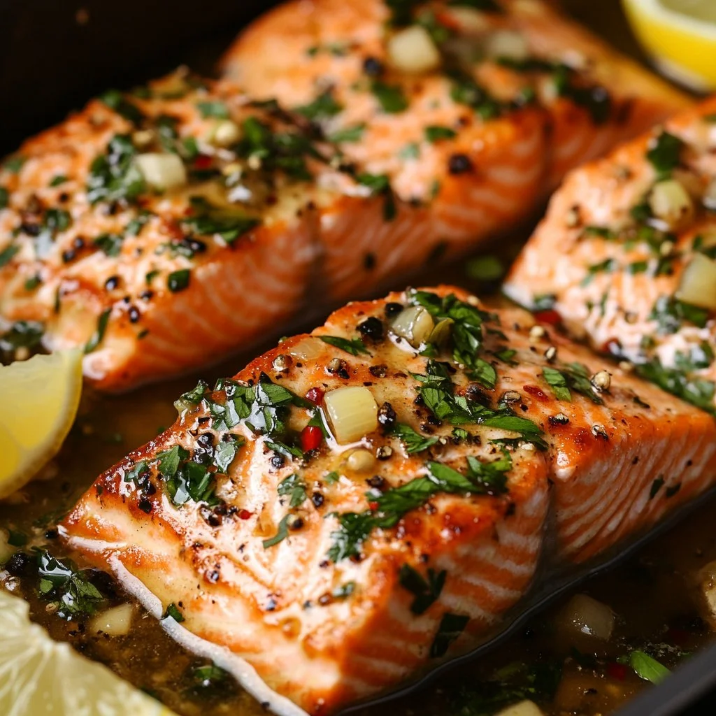 Garlic butter lemon salmon recipe garnished with fresh herbs.