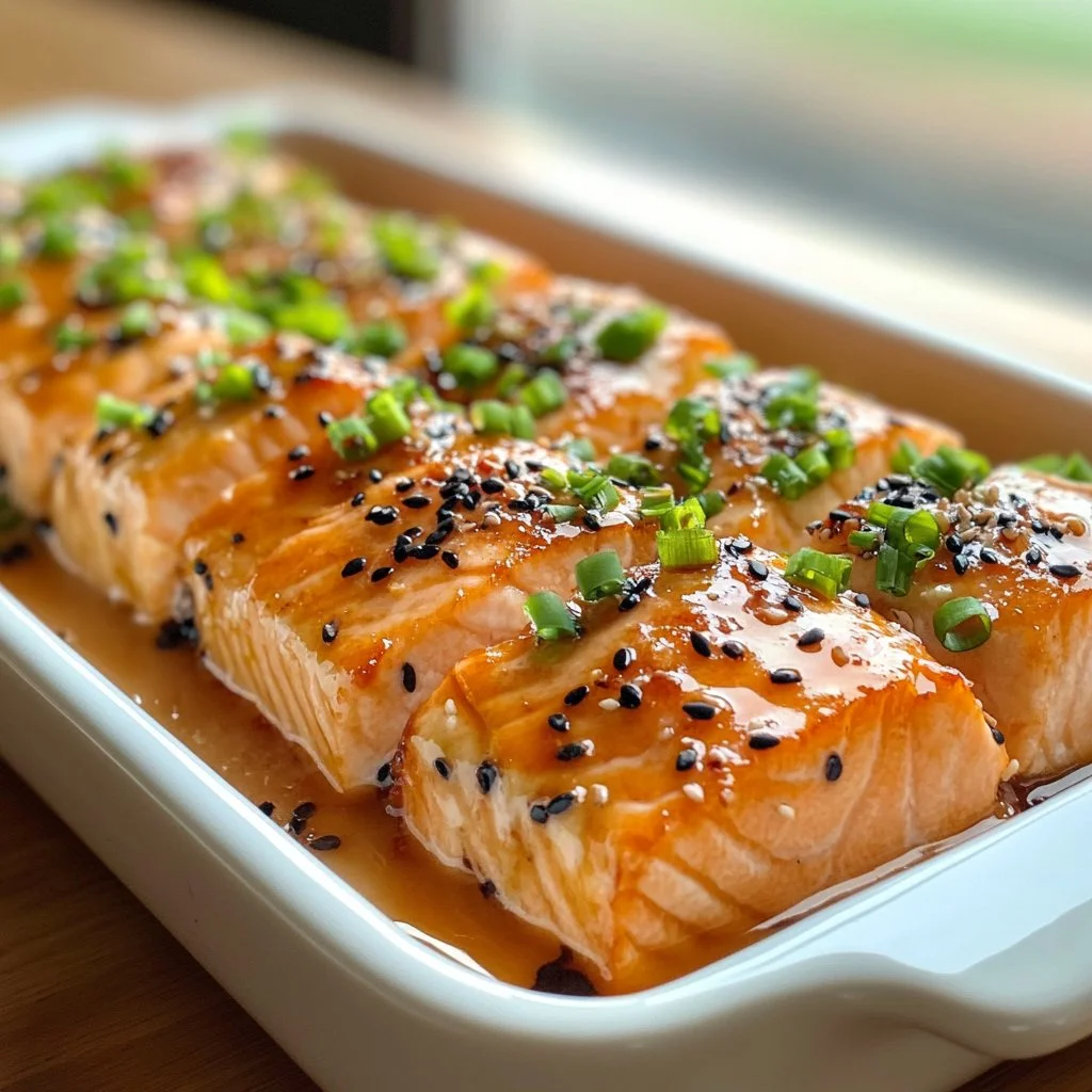 Delicious salmon sushi bake topped with creamy sauce and herbs.