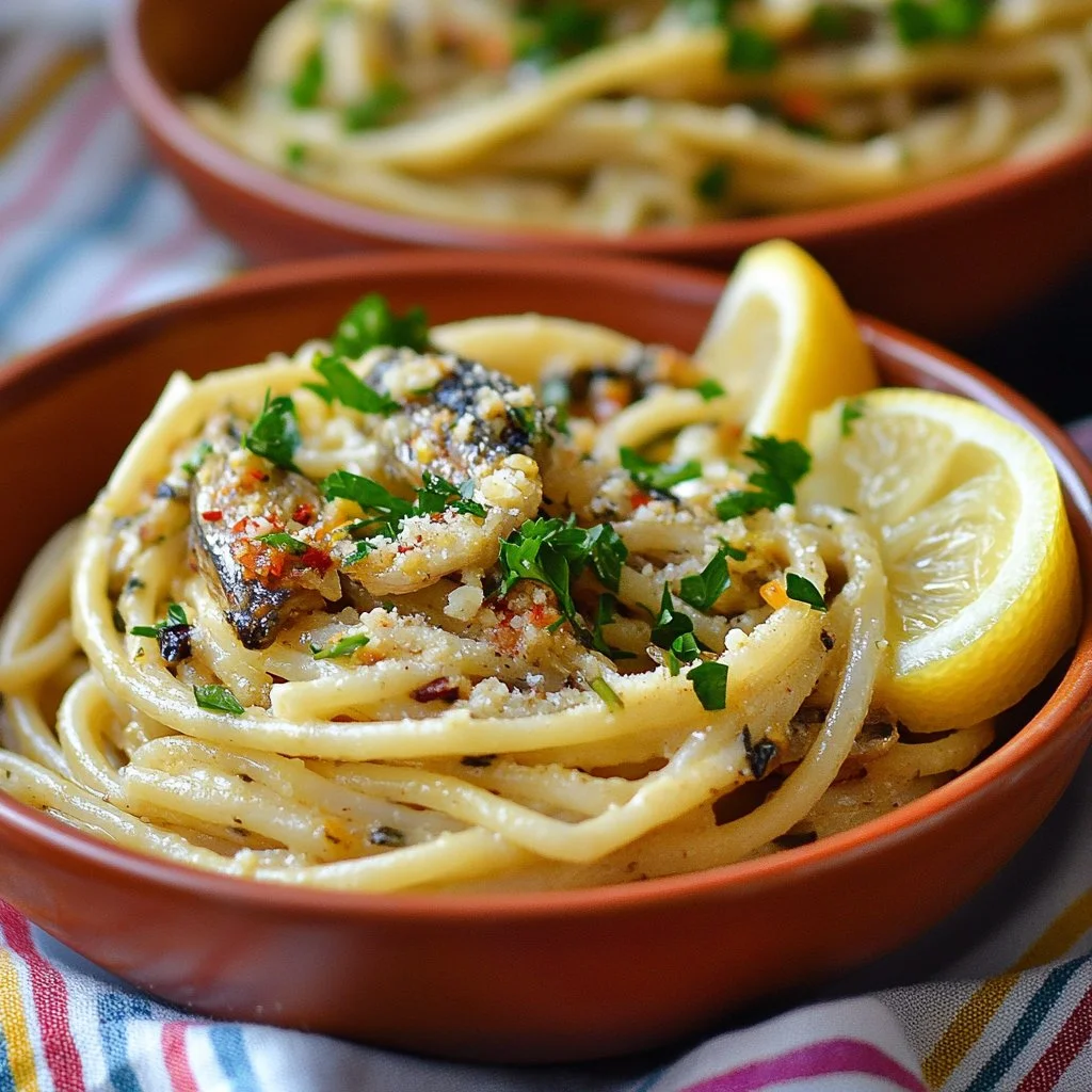 Sardine pasta with lemon and garlic crumbs served on a plate.