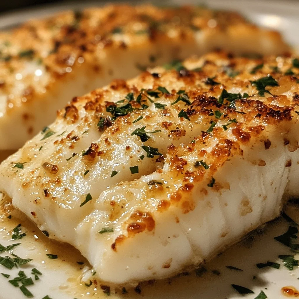 Savory garlic parmesan baked halibut served on a plate with lemon and herbs