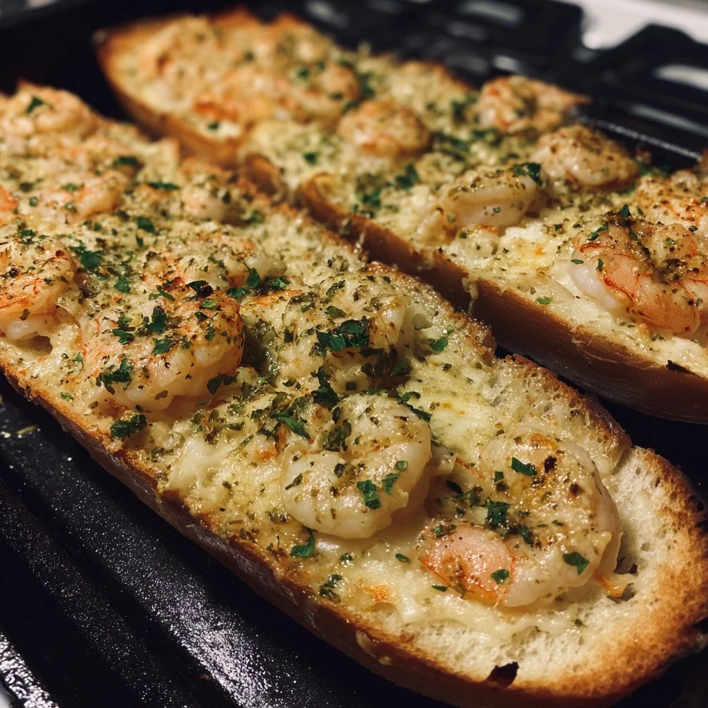 Delicious Seafood Garlic Bread topped with fresh herbs and seafood.