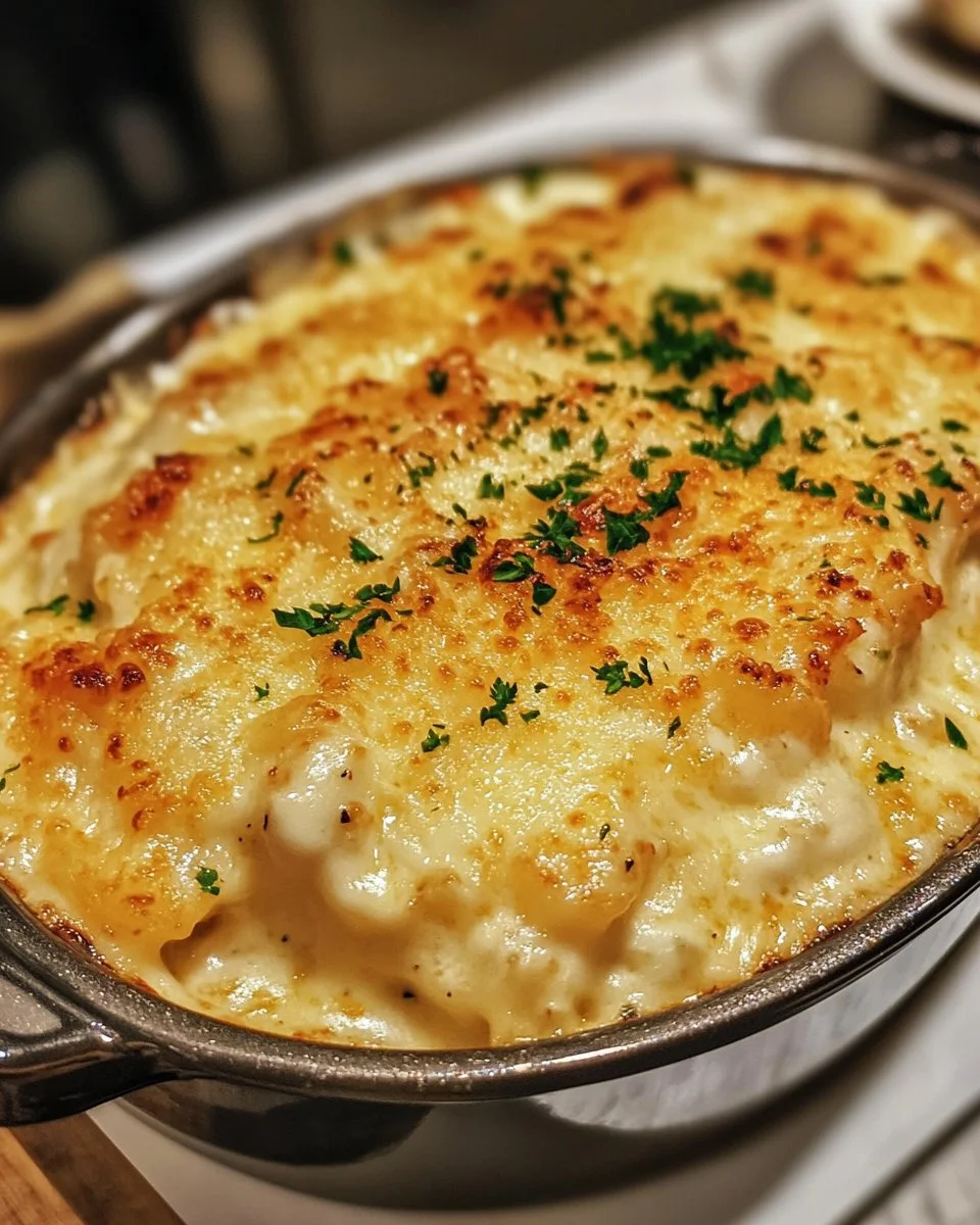 Delicious Seafood Gratin topped with cheese and herbs, baked to golden perfection