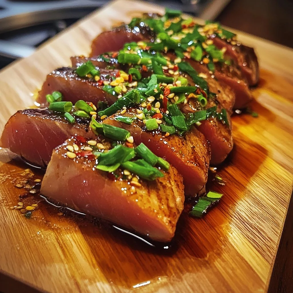 Plated seared ahi tuna with Asian-inspired flavors and garnishes.