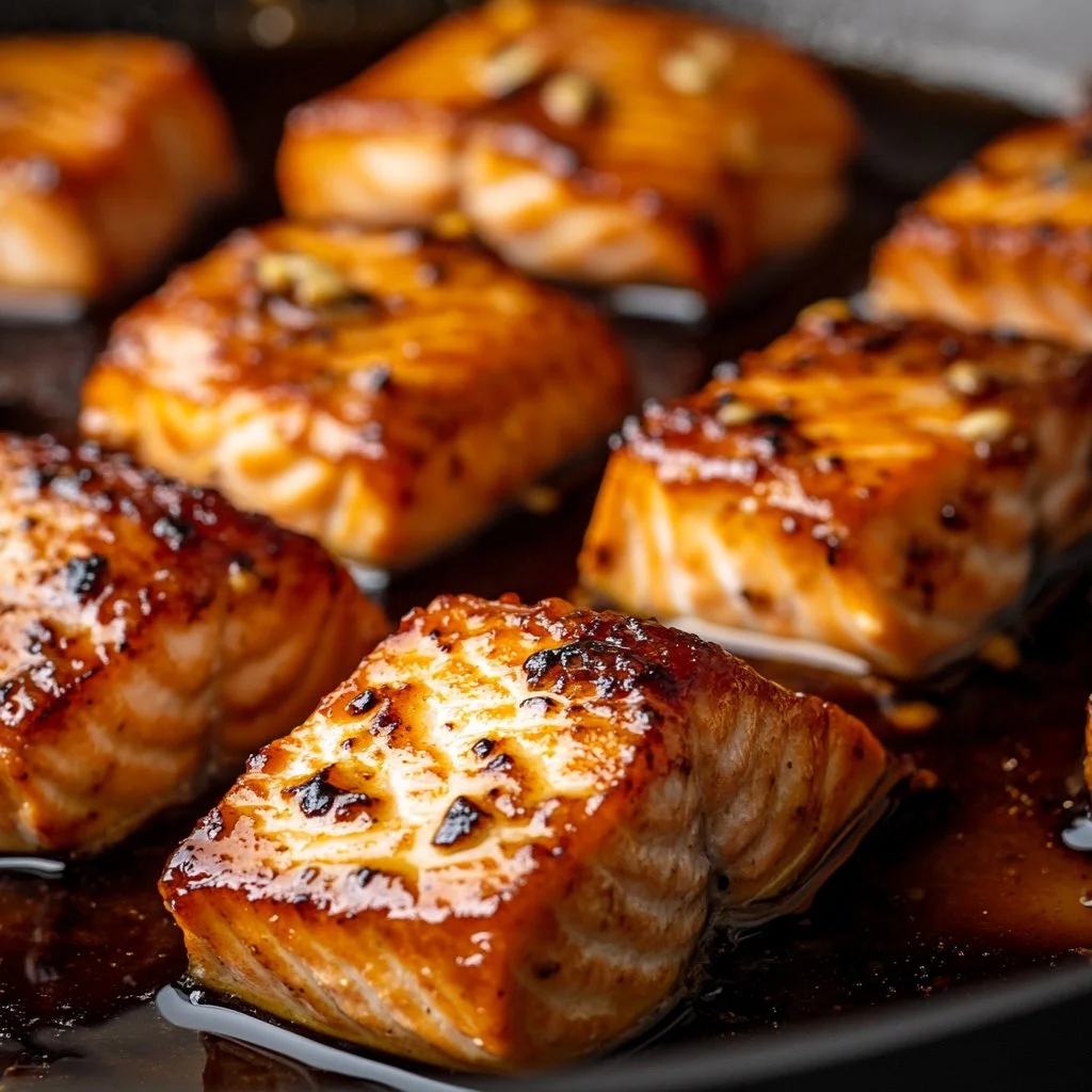 Seasoned salmon fillets served with garlic butter sauce on a plate