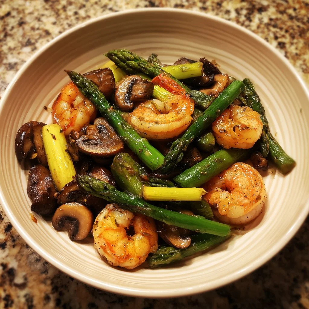 Shrimp stir-fry with asparagus and mushrooms served in a bowl