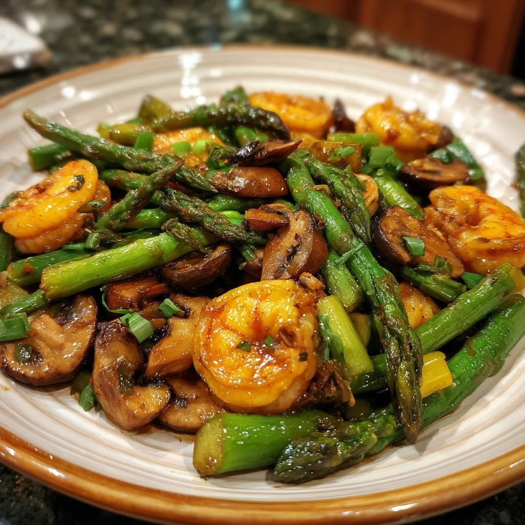 Shrimp asparagus stir-fry with mushrooms on a plate, garnished and ready to serve
