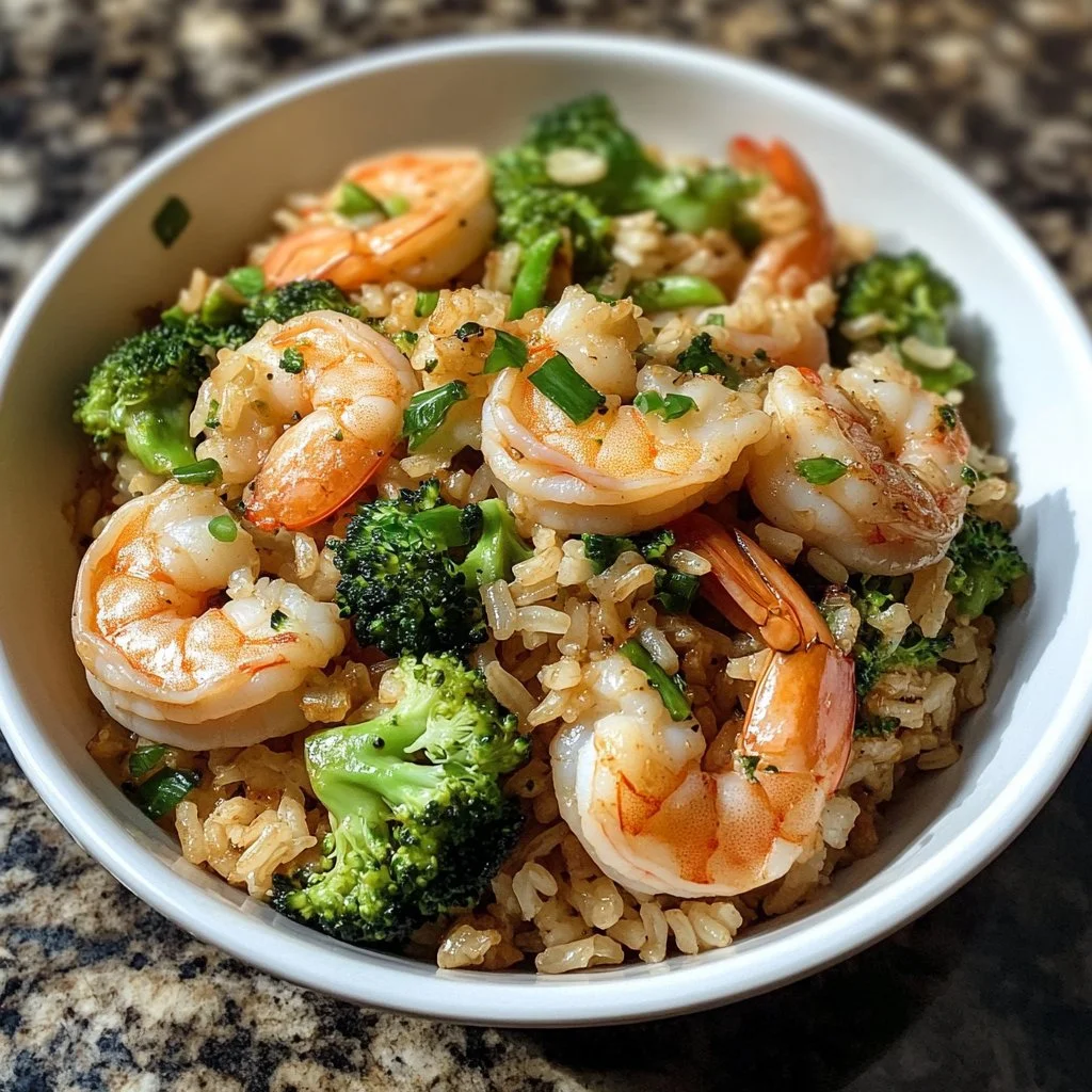 Shrimp and Broccoli Rice bowl with vibrant vegetables and succulent shrimp