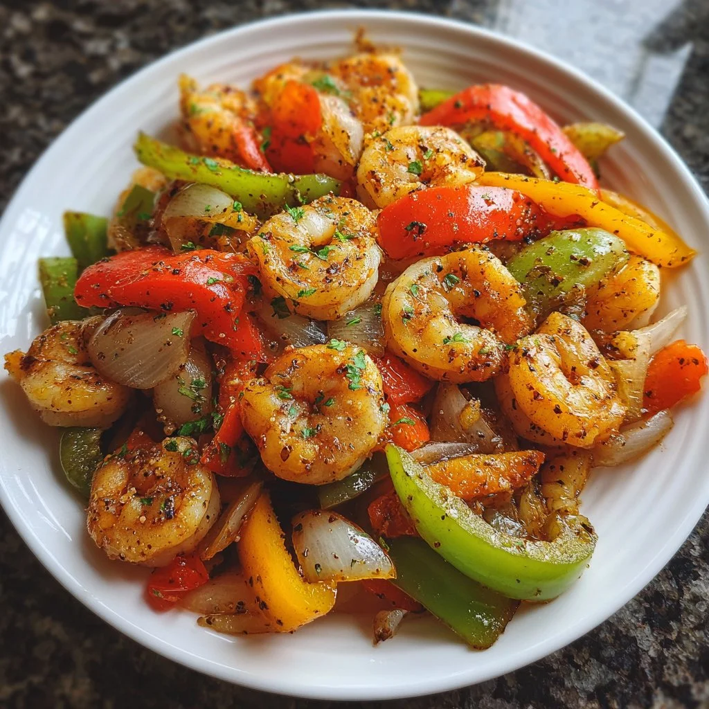 Shrimp and pepper stir-fry served in a colorful dish