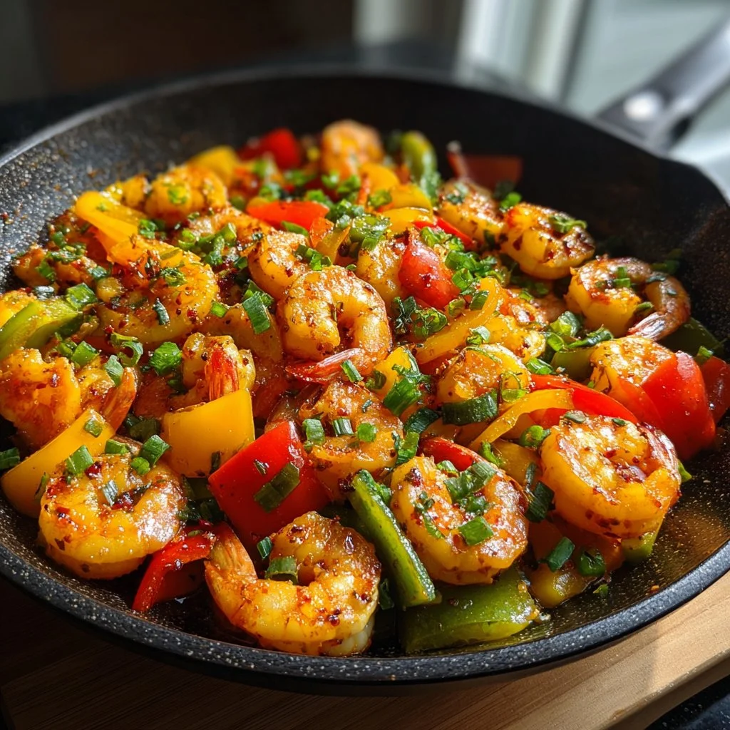 Shrimp and pepper stir-fry in a vibrant dish with fresh vegetables