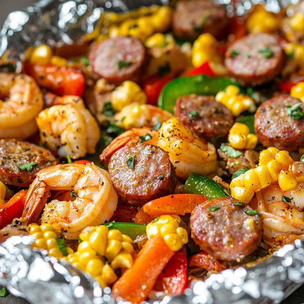 Delicious Shrimp and Sausage Foil Packet Dinner with colorful vegetables in foil.
