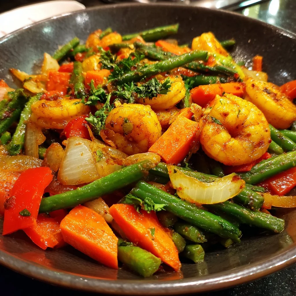 Shrimp and vegetable stir-fry dish served on a plate
