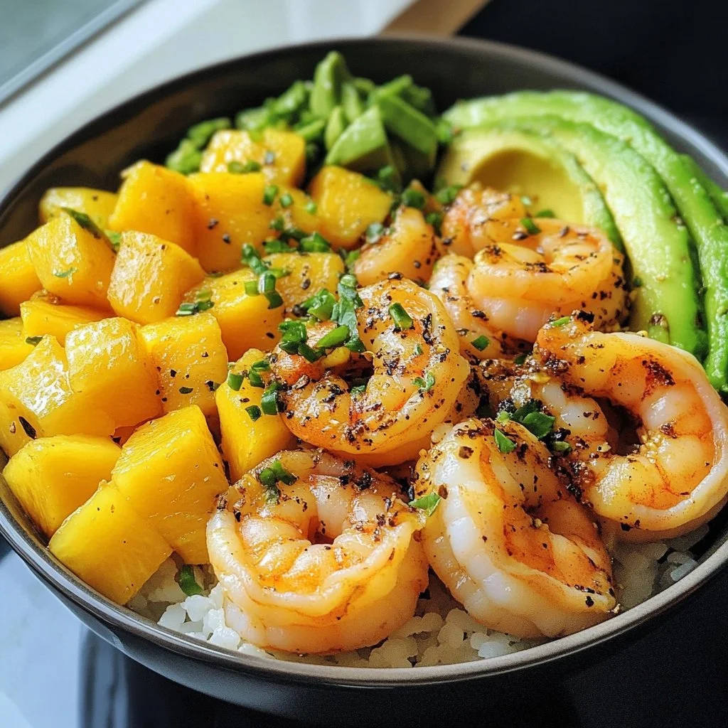 Colorful shrimp avocado mango bowls garnished with herbs and lime.