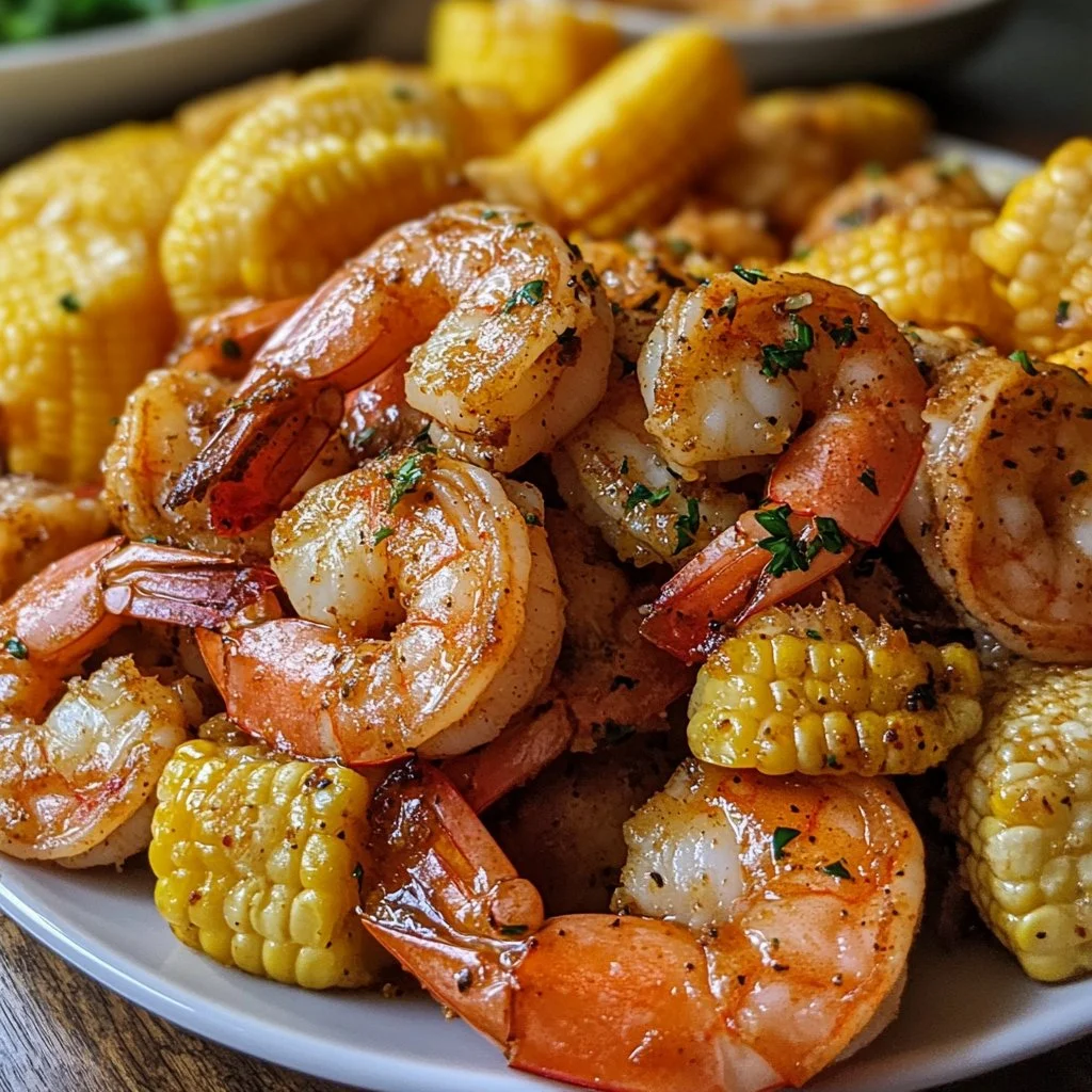 Delicious shrimp boil with potatoes and corn served on a picnic table