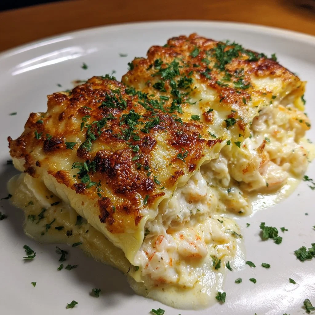Shrimp Crab Alfredo Lasagna Roll-Ups served on a plate garnished with parsley