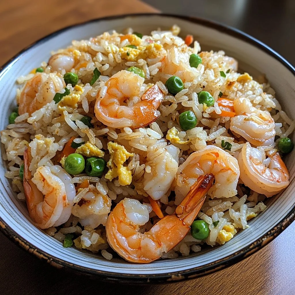Delicious shrimp fried rice with colorful vegetables and shrimp on a plate.