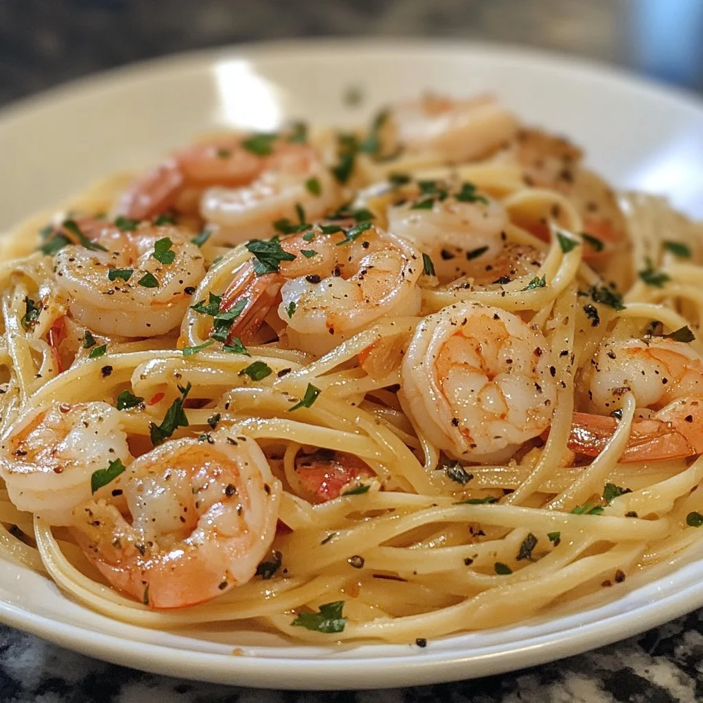 Delicious shrimp linguine dish garnished with parsley on a white plate