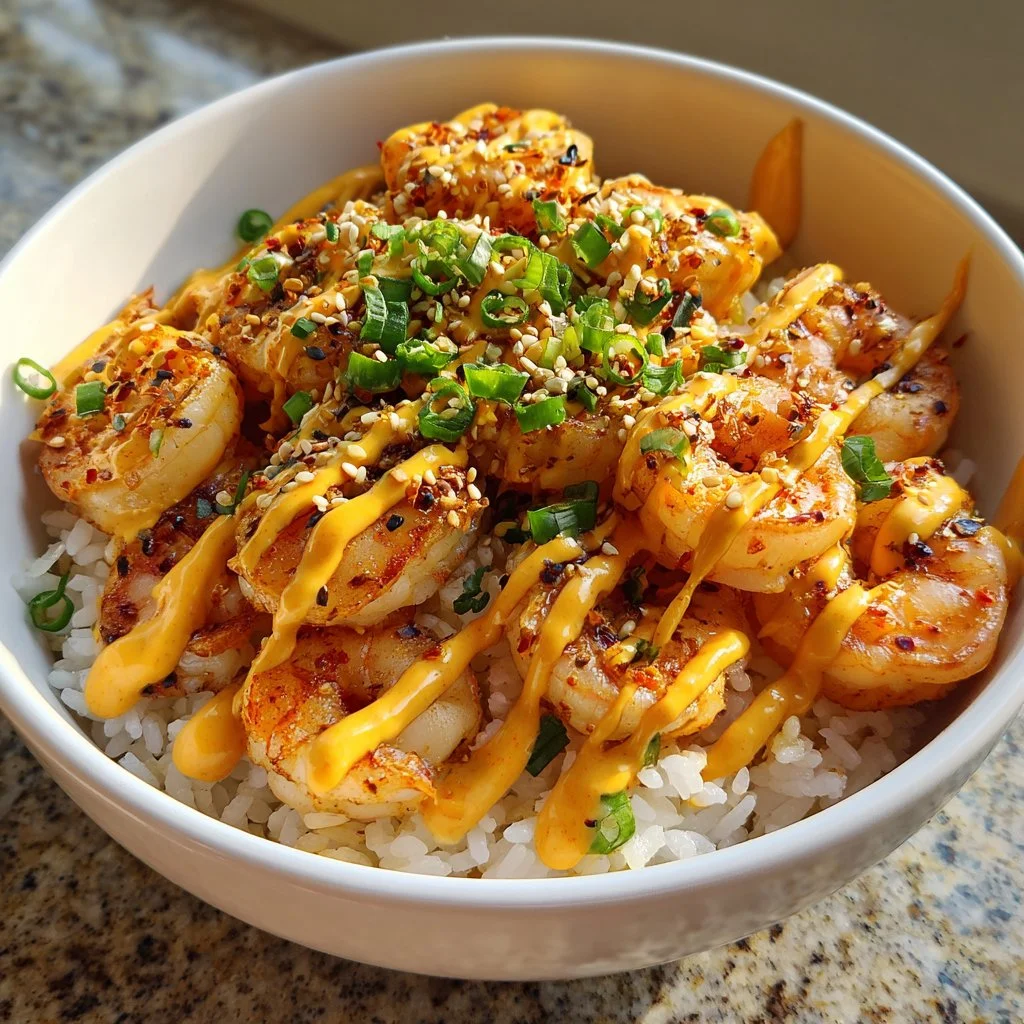 Delicious shrimp rice bowls with spicy mayo topping for a flavorful meal