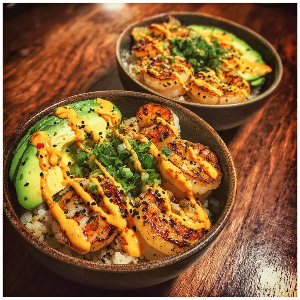 Shrimp rice bowls with spicy mayo and fresh vegetables