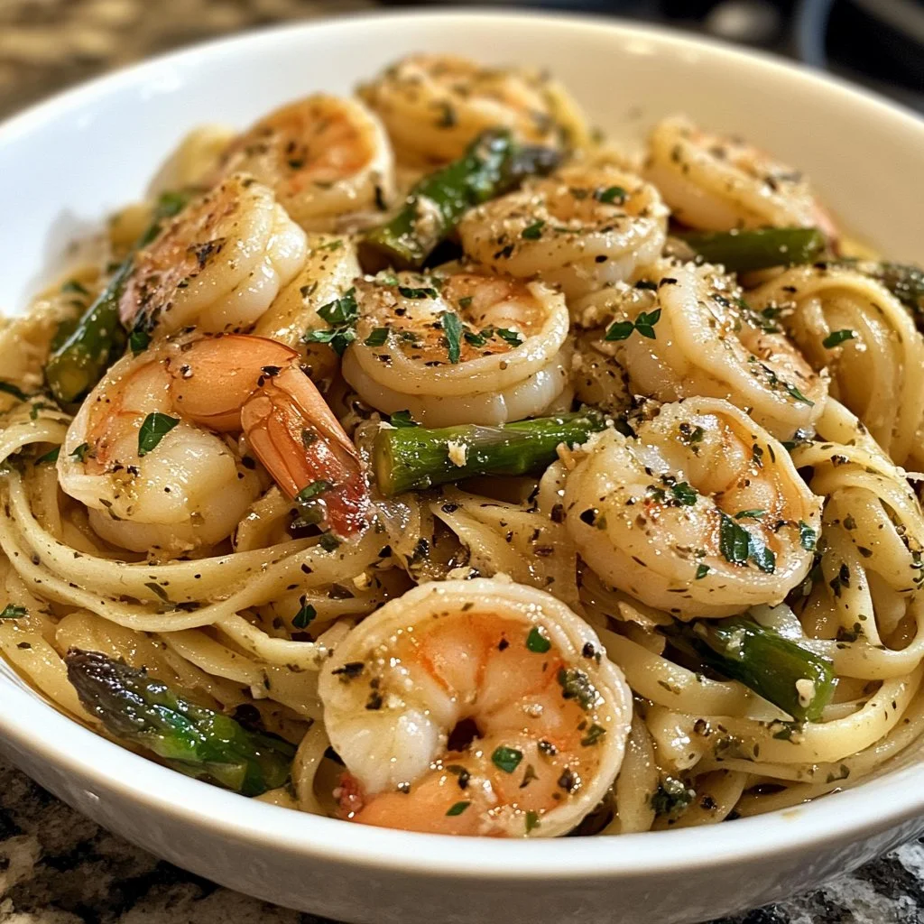 Plate of shrimp scampi pasta with asparagus garnished with parsley and lemon.
