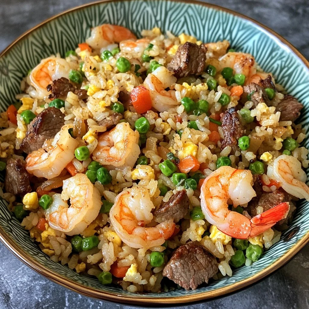 Plate of Shrimp Steak Fried Rice with colorful vegetables