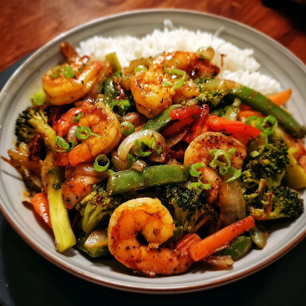 Delicious shrimp stir fry with colorful vegetables and savory sauce